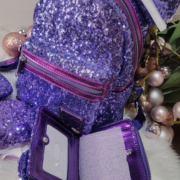 Set of 4!Purple Sequin Loungefly Backpack 2pairs of Ears&Wallet - Picture 6 of 13